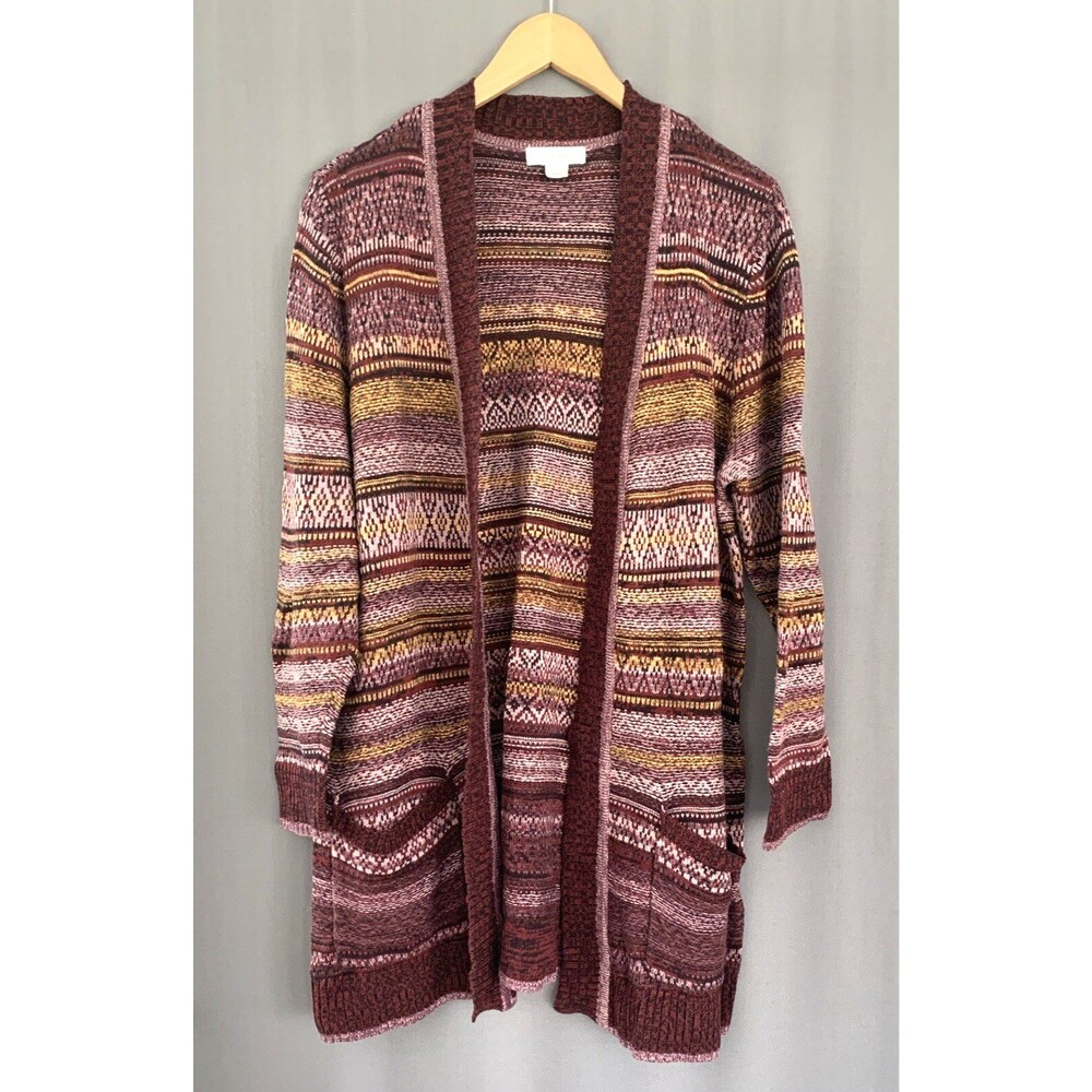 CJ Banks Fair Isle Open Front Long Cardigan Sweater 1X Maroon Pink Yellow Autumn